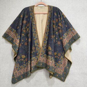 Natural Life Poncho Womens One Size Blue Floral Sherpa Lined Boho Ruana Wrap